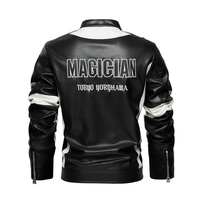 Pánská kožená motorkářská bunda s výšivkou, zipem a stojáčkem – bunda inspirovaná závodním stylem na podzim, každý den, volný čas i streetwear