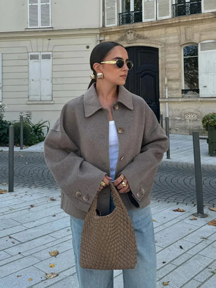 Dame Croppet Afslappet Jakke – Minimalistisk Jakke Med Knapper Til Smart Casual Brug