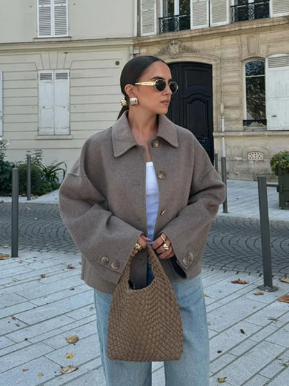 Dame Croppet Afslappet Jakke – Minimalistisk Jakke Med Knapper Til Smart Casual Brug