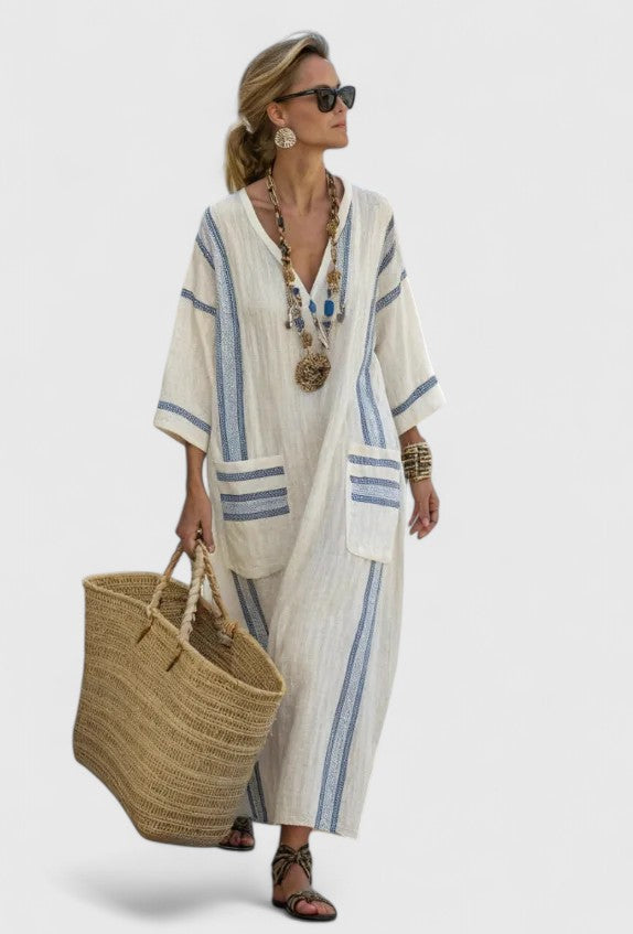 Women's Oversized Striped Kaftan Dress with V-Neck – Loose Maxi Dress for the Beach, Vacations, Summer, Leisure, and Everyday Wear