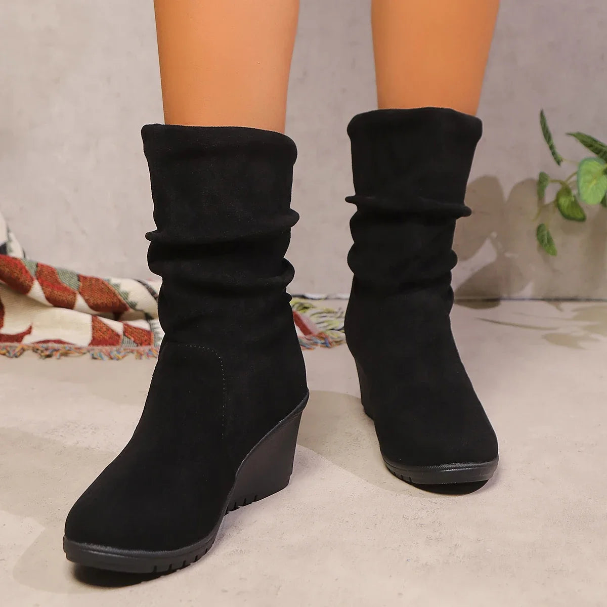 Botas slouch de cuña para mujer con suela de plataforma y caña media - botas de invierno para uso diario, otoño e invierno