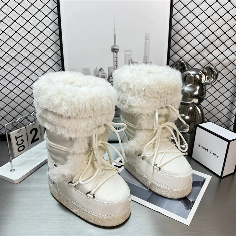 Botas de nieve impermeables para mujer con detalles de felpa, cordones y suela gruesa con dibujo – botas de invierno cálidas para días fríos, uso diario y actividades al aire libre