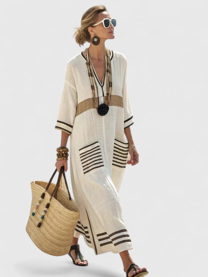 Women's Oversized Striped Kaftan Dress with V-Neck – Loose Maxi Dress for the Beach, Vacations, Summer, Leisure, and Everyday Wear