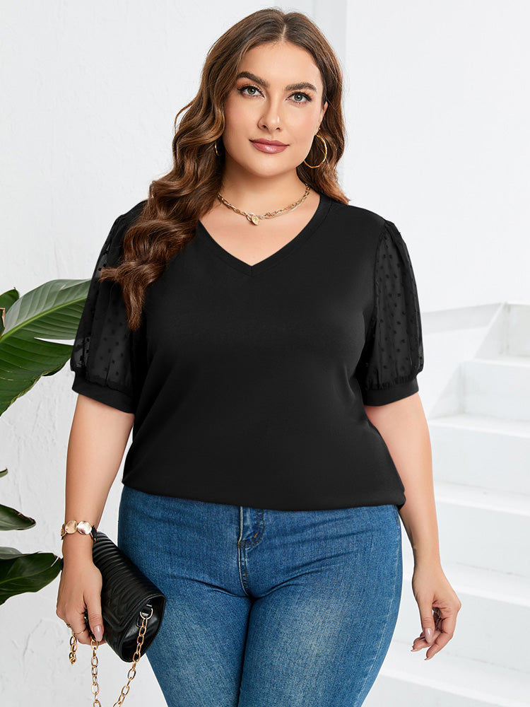 Dame V-Hals Top – Transparent Bluse Med Pufærmer Til Sommer