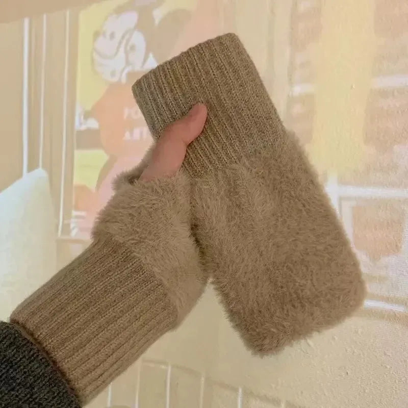 Guantes de invierno suaves sin dedos para mujer, de piel sintética - cálidos calentadores largos de muñeca para días fríos, uso diario y tiempo libre