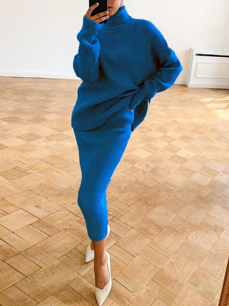 Women's Turtleneck Knit Set With Casual Long-Sleeve Sweater And Slim-Fit Midi Skirt - Elegant 2-Piece Set For Fall, Everyday Wear And Smart Casual Style