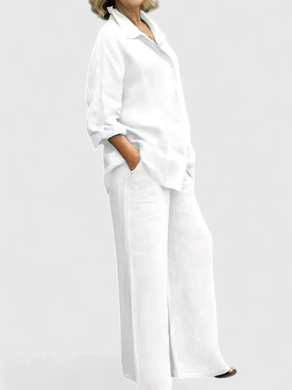 Conjunto de lino para mujer con camisa informal y pantalones de pernera ancha – Conjunto veraniego transpirable de 2 piezas para vacaciones, tiempo libre, uso diario y estilo informal elegante
