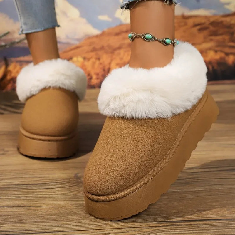 Botas de nieve para mujer de ante sintético con forro de felpa, diseño sin cordones y suela gruesa antideslizante – botines de invierno cálidos para días fríos, uso diario y actividades al aire libre