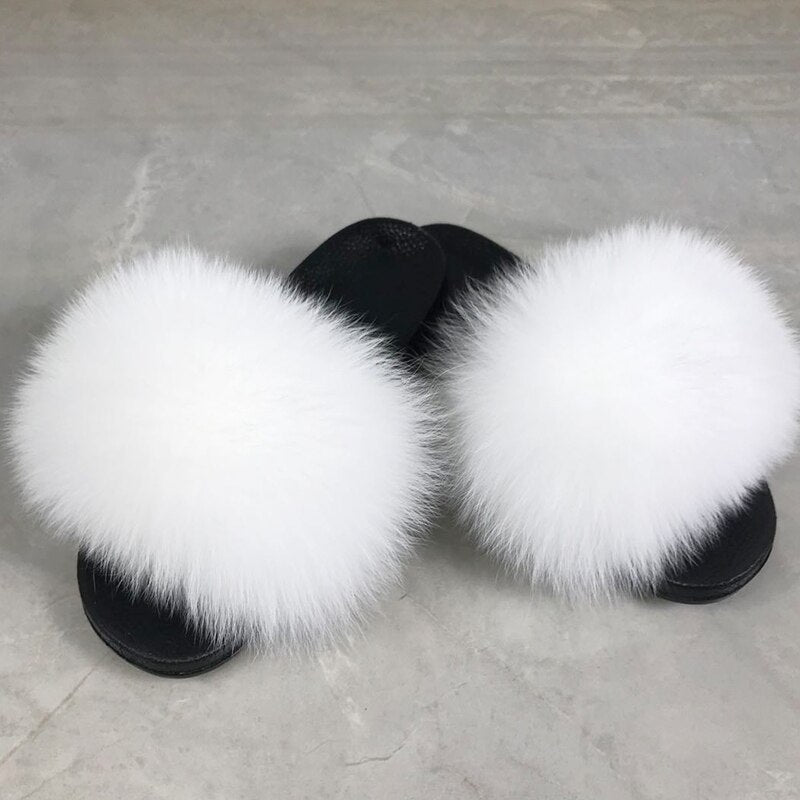 Women's Fluffy Slippers with Fur Strap and Open Toe – Soft Slip-On Slippers for Cozy Days at Home and Casual Wear