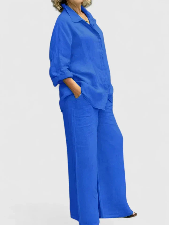 Conjunto de lino para mujer con camisa informal y pantalones de pernera ancha – Conjunto veraniego transpirable de 2 piezas para vacaciones, tiempo libre, uso diario y estilo informal elegante