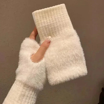Guantes de invierno suaves sin dedos para mujer, de piel sintética - cálidos calentadores largos de muñeca para días fríos, uso diario y tiempo libre