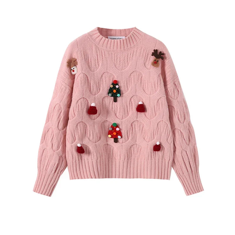 Dame Kabelstrikket Julesweater Med 3d-applikation Og Ballonærmer – Festlig Pullover Til Jul, Vinter, Hverdagsbrug Og Julefester