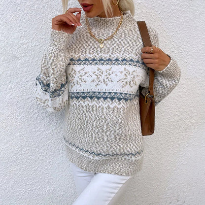 Dame Nordisk Striksweater Med Snefnug Og Høj Hals – Varm Fair Isle-pullover Til Vinter, Hverdagsbrug Og Festlig Stil