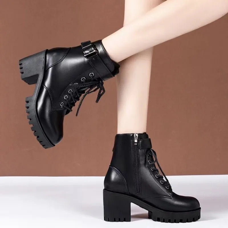Botas con cordones para mujer con suela de plataforma, tacón de bloque grueso y cierre lateral – Modernos botines para otoño, invierno, uso diario y tiempo libre