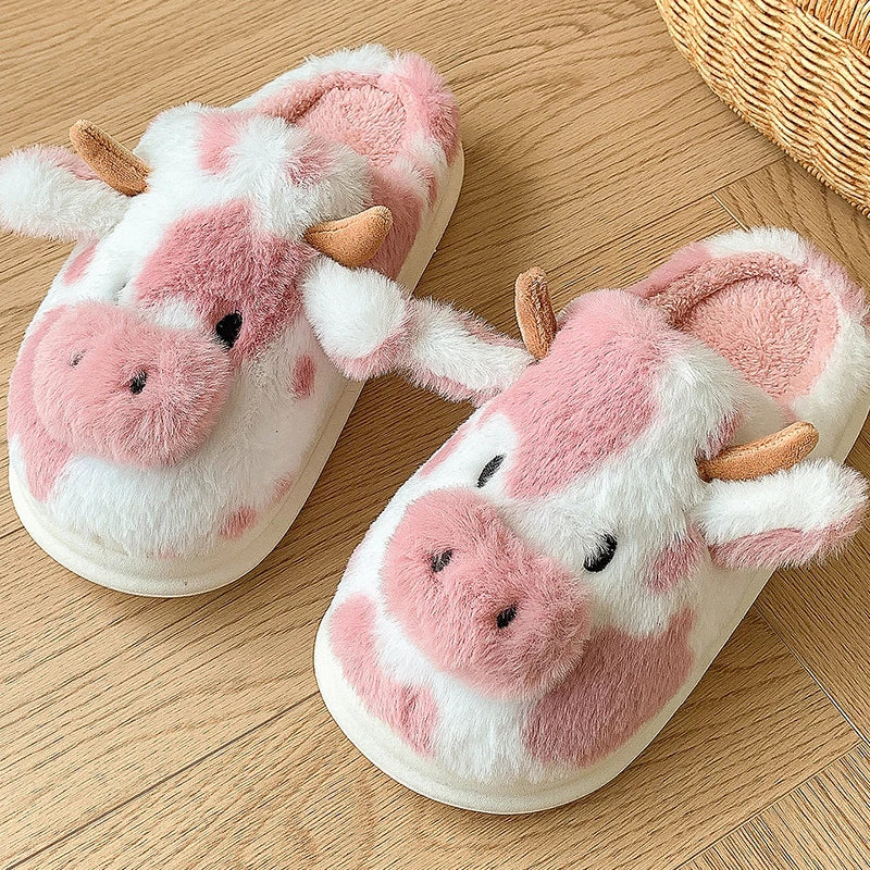 Women's Plush-Lined Cow Slippers with Closed Toe and Cute Animal Design - Warm House Slippers for Home, Relaxation and Everyday Use