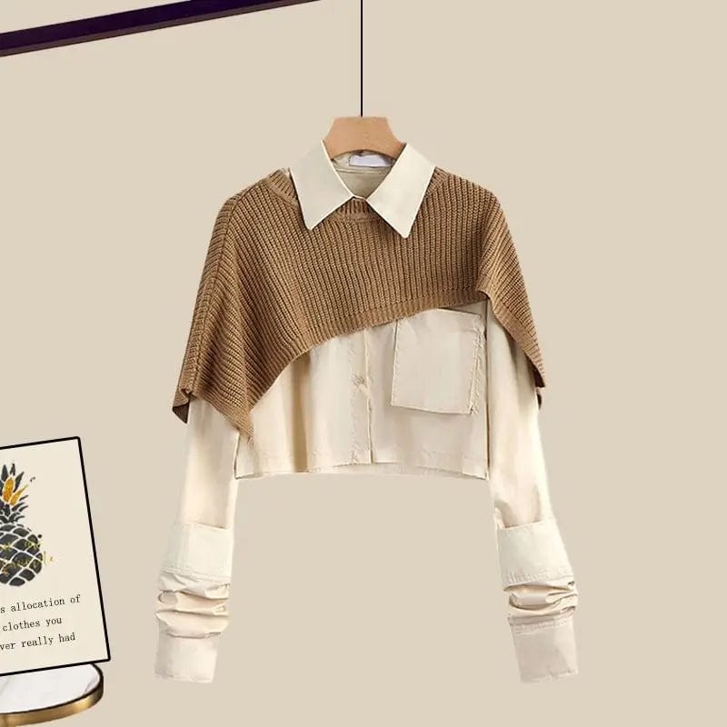 Dámská třídílná zimní souprava s košilí, pleteným přehozem přes ramena a žebrovanou maxi sukní - elegantní outfit na podzim, zimu a každodenní nošení