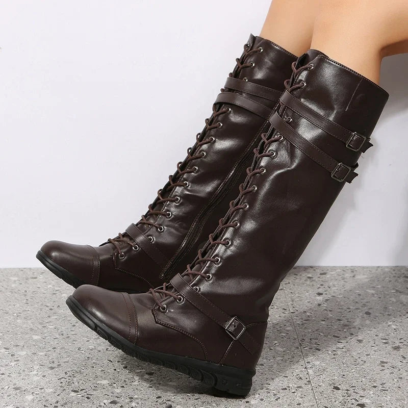 Botas altas de cuero para mujer hasta la rodilla con cordones, correa con hebilla y cierre lateral – botas de invierno estilo combat para otoño, invierno y uso diario