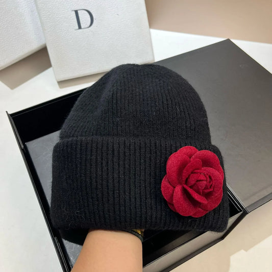 Women's soft rib-knit rabbit fur winter beanie with camellia flower - warm winter hat for cold days, everyday wear, and elegant winter style