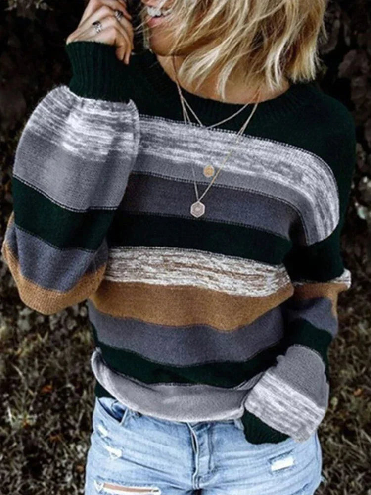 Women's Striped Crew-Neck Long-Sleeve Sweater – Relaxed Sweater for Fall, Winter, and Comfortable Everyday Wear