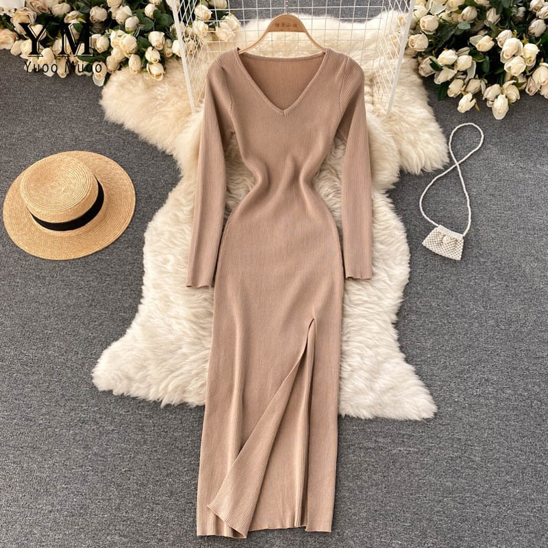 Dame Strikket Maxikjole – Stretch Bodycon Stil Med Høj Slids Til Efterår Og Vinter