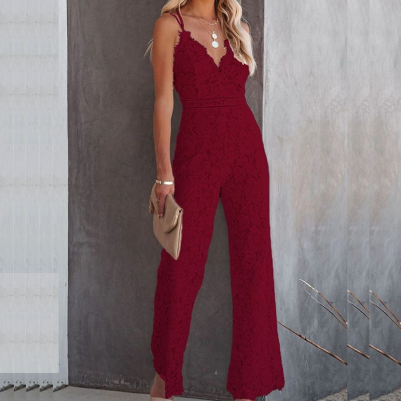 Mono de encaje para mujer con escote en V y piernas anchas - elegante conjunto de fiesta para veladas, bodas, fiestas y ocasiones especiales