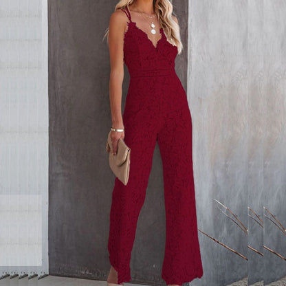 Mono de encaje para mujer con escote en V y piernas anchas - elegante conjunto de fiesta para veladas, bodas, fiestas y ocasiones especiales