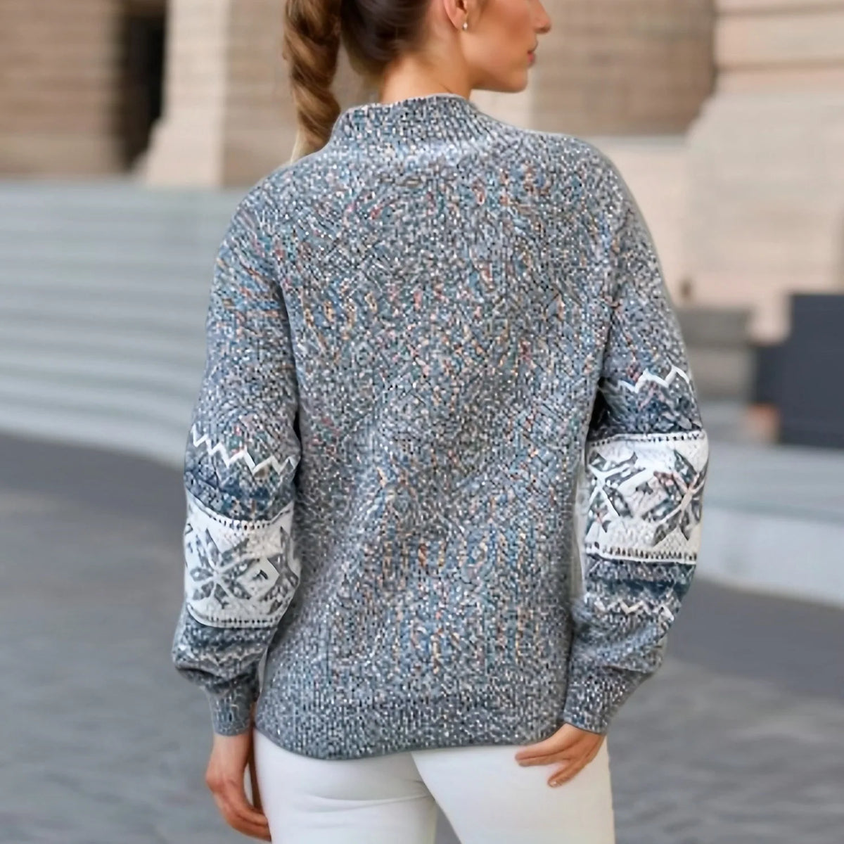 Dame Nordisk Striksweater Med Snefnug Og Høj Hals – Varm Fair Isle-pullover Til Vinter, Hverdagsbrug Og Festlig Stil
