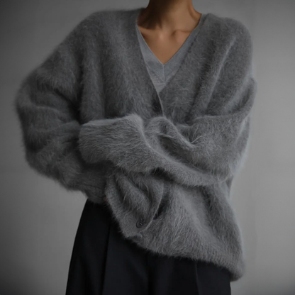 Dame Oversized Mohair-cardigan Med V-hals Og Knapper – Blød, Fluffy Strik Med Afslappet Pasform Til Efterår, Vinter Og Lag-på-lag Hverdagsbrug