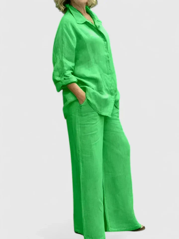 Conjunto de lino para mujer con camisa informal y pantalones de pernera ancha – Conjunto veraniego transpirable de 2 piezas para vacaciones, tiempo libre, uso diario y estilo informal elegante