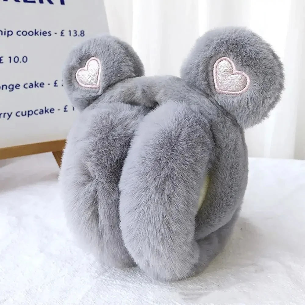 Women's plush winter earmuffs with bear ears and foldable design - cute, warm earmuffs for cold days, outdoor use, and gifting