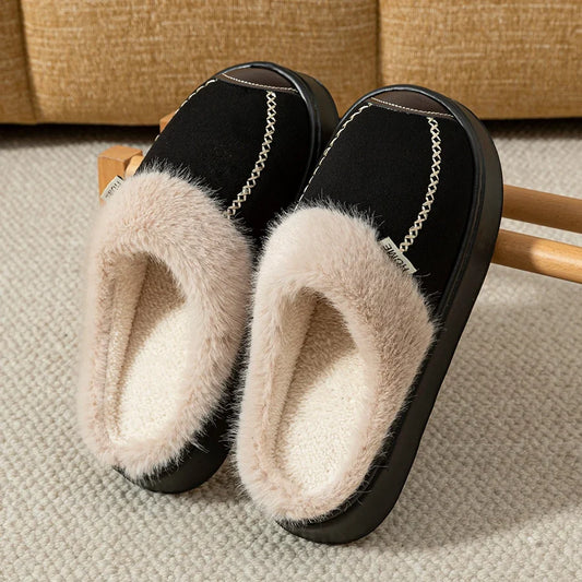 Women's fleece-lined platform slippers with plush details and contrast stitching - warm winter slippers for home, relaxation, and everyday wear