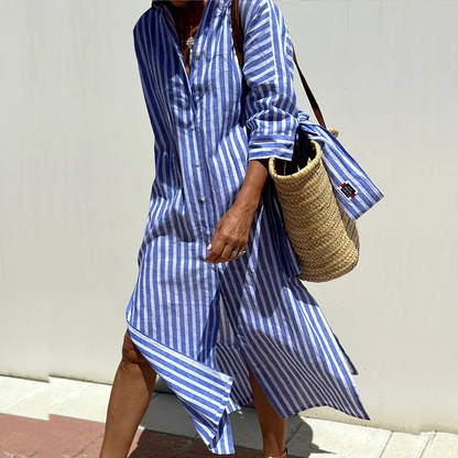 Rochie-cămașă de damă din bumbac, cu croială lejeră – rochie midi ușoară și versatilă pentru vară, vacanță, purtare zilnică și ocazii relaxate