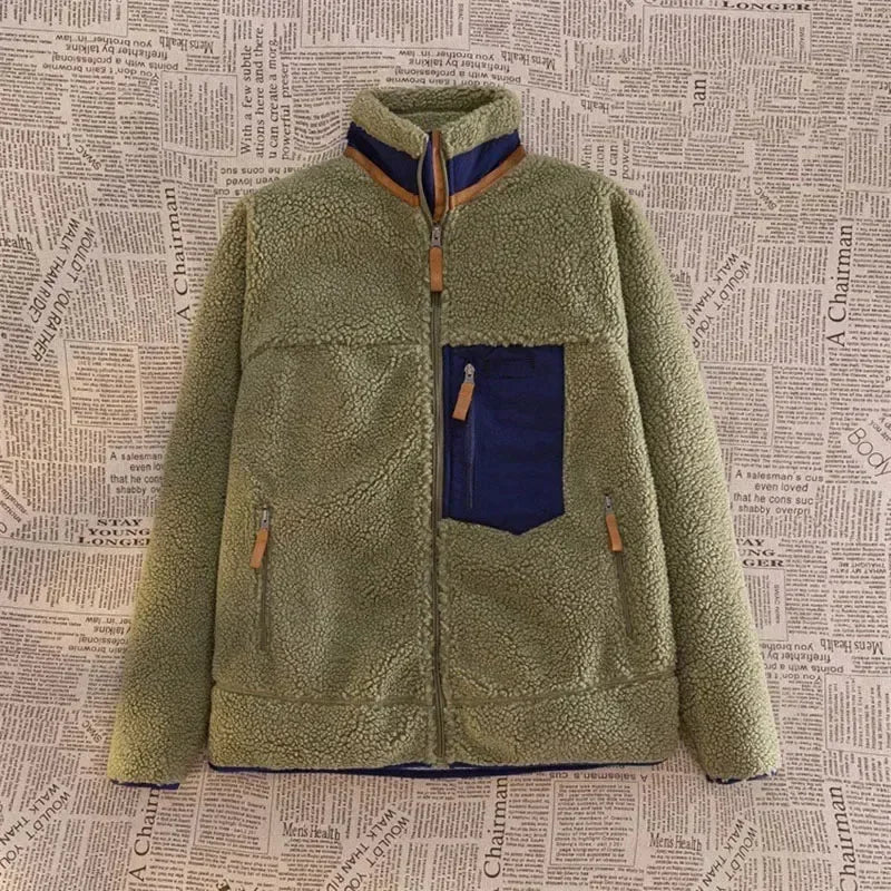 Jachetă bărbătească din fleece Sherpa, cu croială lejeră și fermoar – haină călduroasă cu buzunar practic la piept pentru toamnă, iarnă și purtare zilnică
