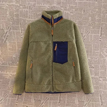 Jachetă bărbătească din fleece Sherpa, cu croială lejeră și fermoar – haină călduroasă cu buzunar practic la piept pentru toamnă, iarnă și purtare zilnică