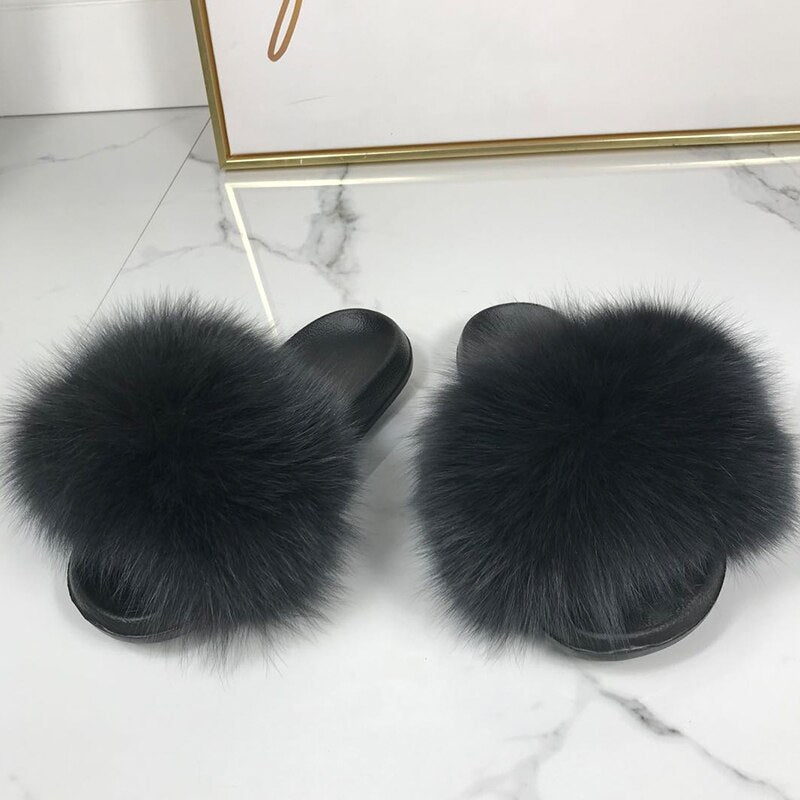 Women's Fluffy Slippers with Fur Strap and Open Toe – Soft Slip-On Slippers for Cozy Days at Home and Casual Wear
