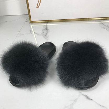 Women's Fluffy Slippers with Fur Strap and Open Toe – Soft Slip-On Slippers for Cozy Days at Home and Casual Wear