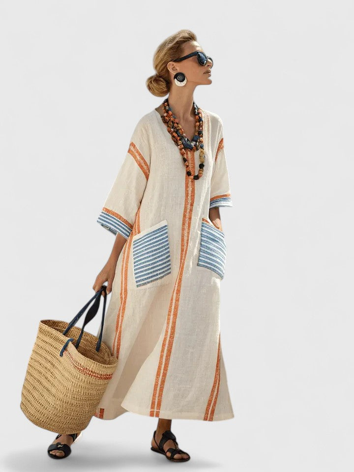 Women's Oversized Striped Kaftan Dress with V-Neck – Loose Maxi Dress for the Beach, Vacations, Summer, Leisure, and Everyday Wear