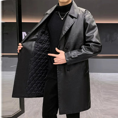 Męski długi trencz ze skóry PU z pikowanym wzorem i klasycznym kołnierzem z klapami – ciepły płaszcz zimowy na chłodne dni, co dzień i do stylu smart casual