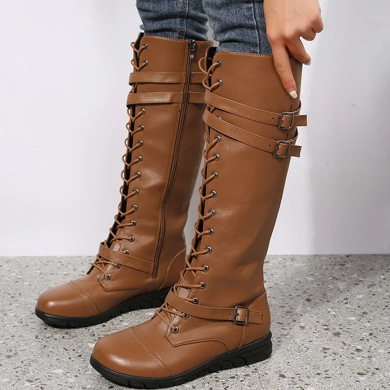 Botas altas de cuero para mujer hasta la rodilla con cordones, correa con hebilla y cierre lateral – botas de invierno estilo combat para otoño, invierno y uso diario