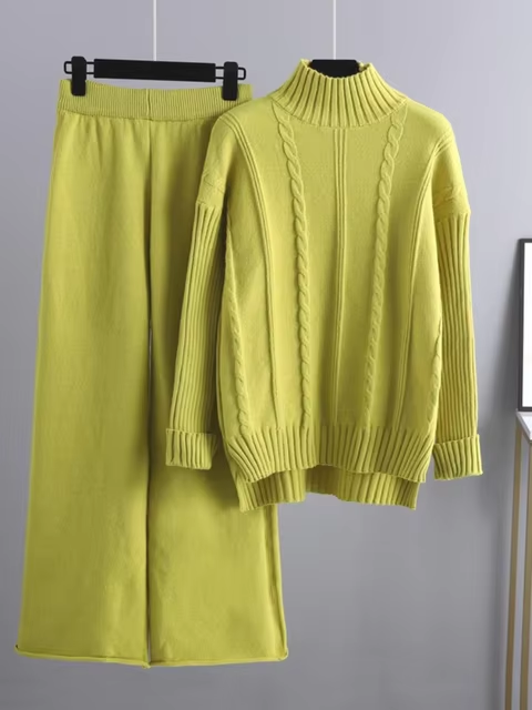 Women's rib-knit 2-piece set with turtleneck sweater and wide-leg pants - warm knit set for fall, winter, and everyday wear