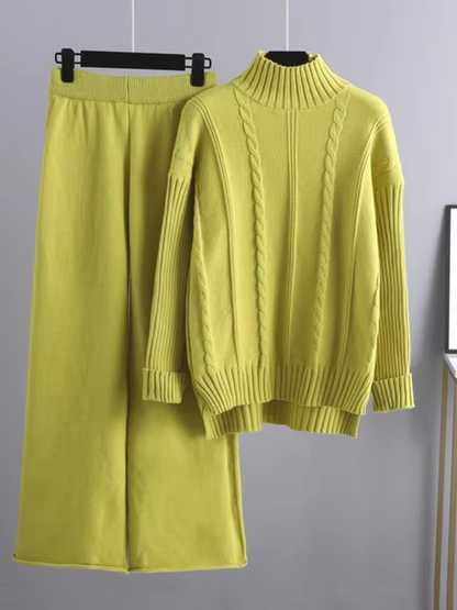 Women's rib-knit 2-piece set with turtleneck sweater and wide-leg pants - warm knit set for fall, winter, and everyday wear