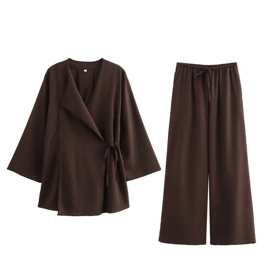 Women's Linen Set with Kimono-Inspired Wrap Top and Wide-Leg Pants - Breathable Set for Spring, Summer, Vacation and Everyday Wear