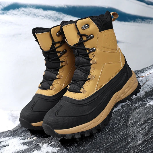 Bocanci high-top de zăpadă pentru bărbați, cu căptușeală din fleece, design hidrofug și șireturi – bocanci de drumeție de iarnă, cu talpă profilată antiderapantă, pentru zile reci și activități în aer liber