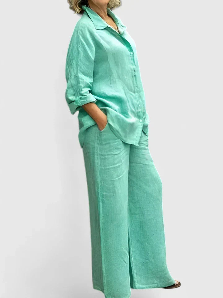 Conjunto de lino para mujer con camisa informal y pantalones de pernera ancha – Conjunto veraniego transpirable de 2 piezas para vacaciones, tiempo libre, uso diario y estilo informal elegante