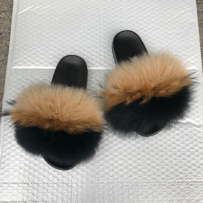 Women's Fluffy Slippers with Fur Strap and Open Toe – Soft Slip-On Slippers for Cozy Days at Home and Casual Wear