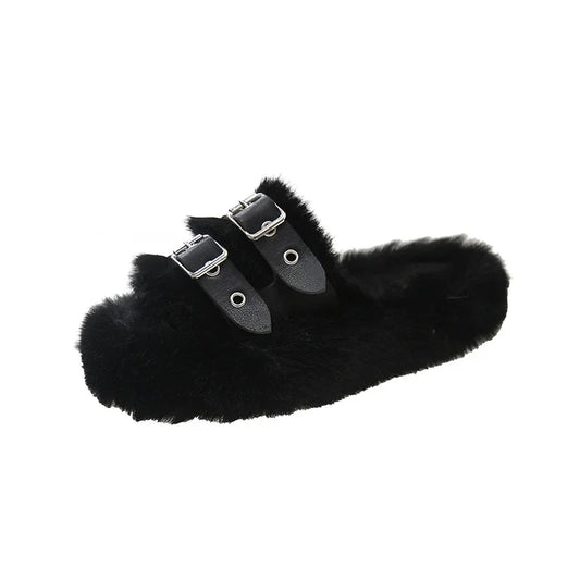 Women's slippers in faux fur with double adjustable straps and platform sole - soft slides with open toe for home, everyday wear, and relaxation