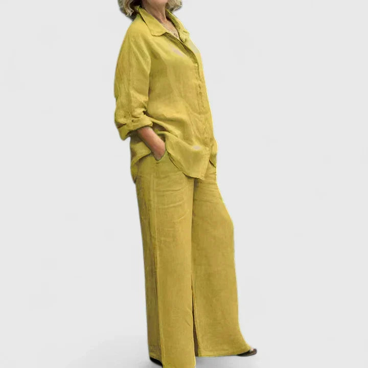 Conjunto de lino para mujer con camisa informal y pantalones de pernera ancha – Conjunto veraniego transpirable de 2 piezas para vacaciones, tiempo libre, uso diario y estilo informal elegante