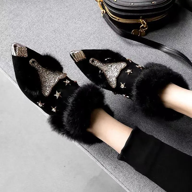 Botines de piel sintética para mujer con pedrería, puntera en punta y tacón de bloque – Elegantes botas de invierno para fiestas, veladas y ocasiones especiales