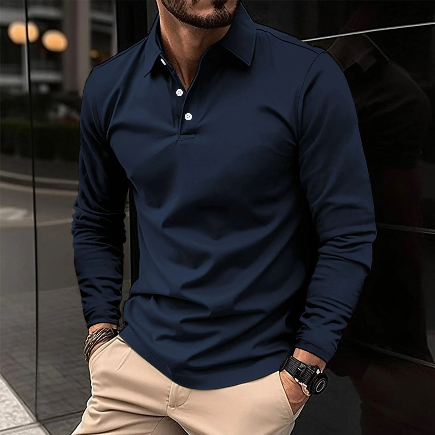 Men's Slim-Fit Long-Sleeve Polo Shirt – Stylish Top for the Office, Smart-Casual Outfits, Evenings, and Everyday Wear
