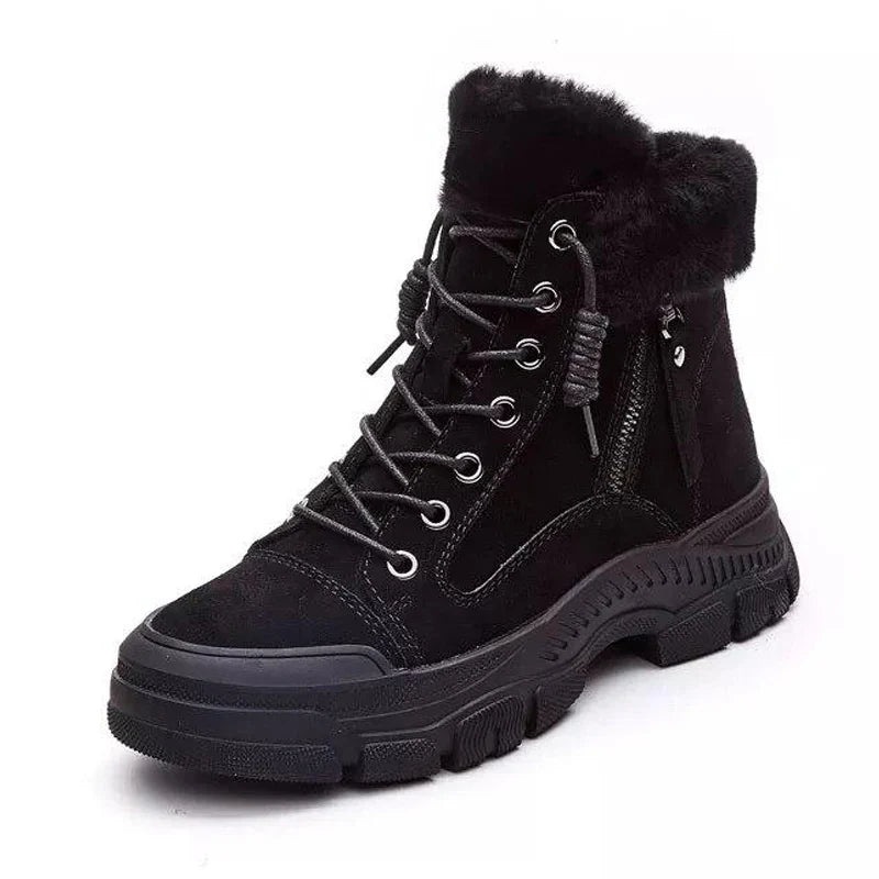 Botas de nieve de cuero auténtico para mujer con forro de felpa, cordones y suela gruesa con dibujo – Cálidos botines de invierno con diseño antideslizante para días fríos y actividades al aire libre